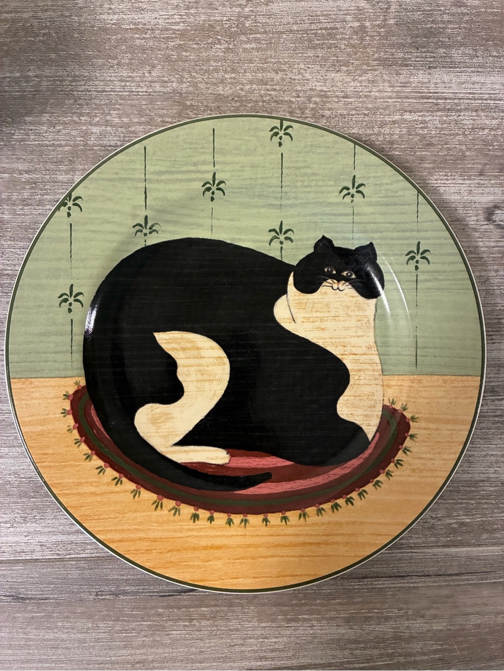 Warren Kimble Cat Collection Plate Black & White Cat on Rug 2000